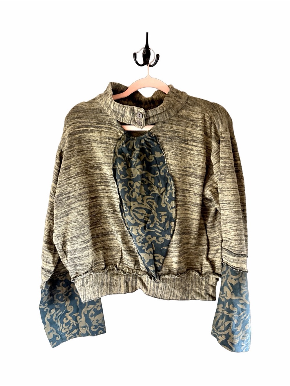 Olive Green Mixed-Media Keyhole Pullover Sweater